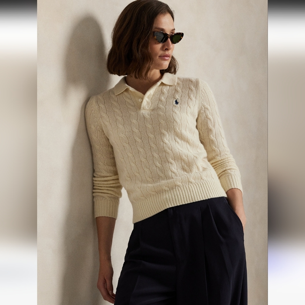 Polo Ralph Lauren Cable Knit Wool Cashmere Polo Sweater